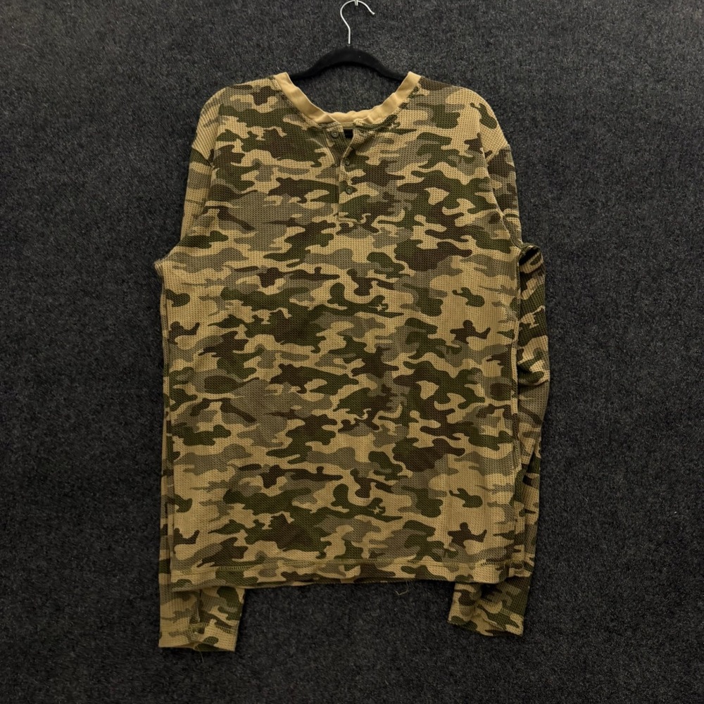Joe Boxer Mens XL Camo Waffle Knit Henley Shirt Long Sleeve Thermal Y2K Camo